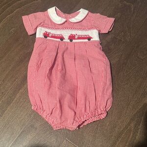 Source Unknown Red Checkered Fire Engine Romper